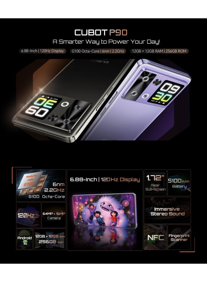 Cubot هاتف ذكي أندرويد 15 كوبوت P90، شاشة 6.88 بوصة 120 هرتز، 24 جيجابايت رام + 256 جيجابايت روم، معالج G100 ثماني النواة، 2.2 جيجاهرتز، 64 ميجابكسل، 5100 مللي أمبير، NFC، هاتف 4G - Image 2